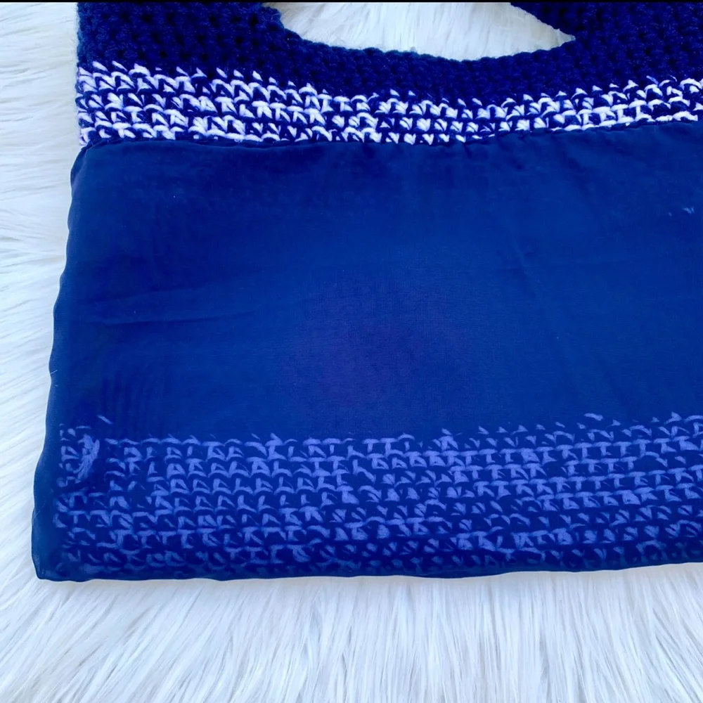 Crochet Blue & White Stripe Boho Tote Shoulder Bag